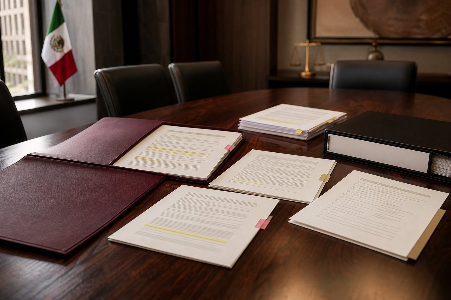 Mesa de análisis con contratos y documentos de gobierno corporativo